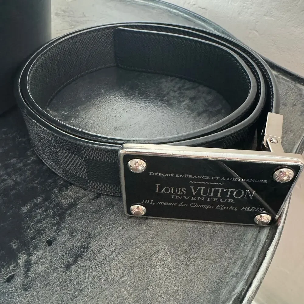 Louis Vuitton‎ Inventeur Graphite Black Mens Belt 95/38 Box Frame Buckle SHW - Picture 2 of 9
